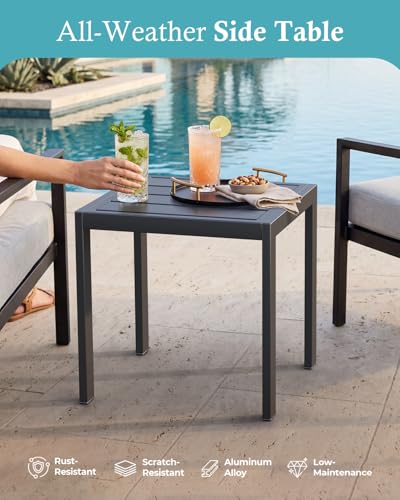 Outdoor Side Table, Aluminum Patio End Table, Minimalist Modern Balcony Table, Weather-Resistant & Easy to Assemble Lightweight Outdoor Furniture for Garden, Backyard, Poolside, Deck, Dark Grey