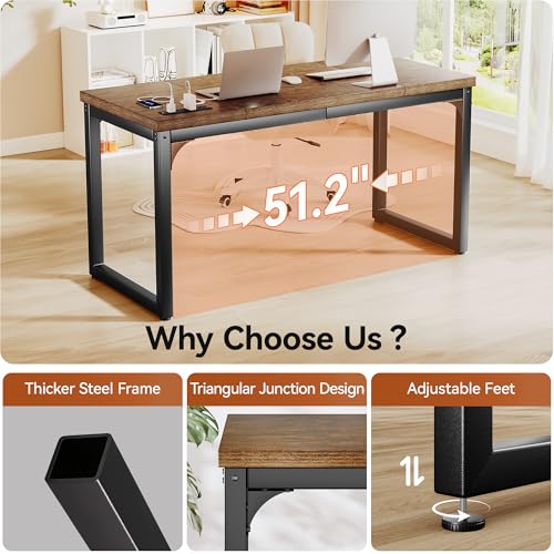 Computer Desk with Power Outlets, 55 Inch Large Home Office Desk with Deeper & Thicker Desktop Modern Gaming Desk Study Writing Work Desk, Metal Frame, Rustic Brown - size: 55 Inch