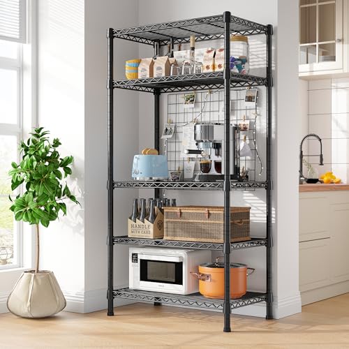 REIBII Wire Shelving Rack 5-Tier Metal Shelves for Storage Adjustable Garage Shelving Heavy Duty Storage Shelves for Storage Rack, 24" W X 14" D X 59" H | Heavy-duty 19.1mm steel, Leveling feet+anti-tip, 24"W x 14"D x 59"H, Tool-free assembly, For kitchen