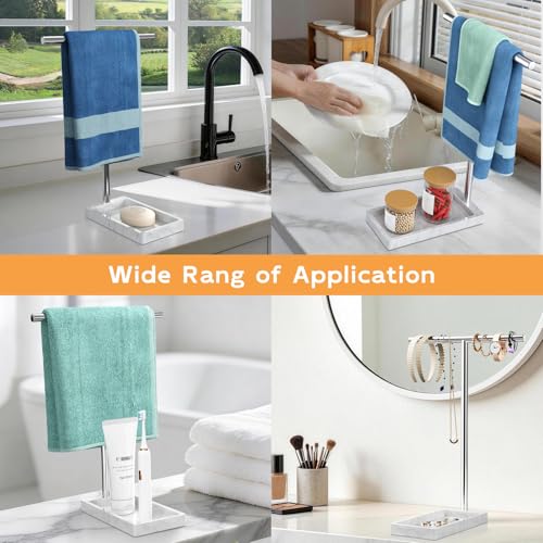 Volnamal 2-in-1 T-Shape Hand Towel Holder for Bathroom Countertop, Silver | Heavy Non-Tipping Towel Holder with Countertop Tray, Extended-Heigher Towel Stand for Standard, Rust-resistance & Durability