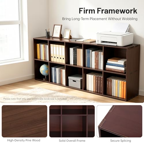 10 Cube Storage Organizer - Pine Wood Bookshelf - Cube Shelf - Vertical or Horizontal Bookcase - Open Book Shelf - Easy Assembly for Bedroom, Living Room, Office - size: 10 Cube