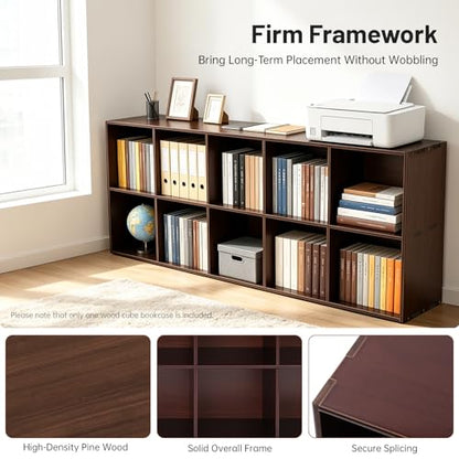 10 Cube Storage Organizer - Pine Wood Bookshelf - Cube Shelf - Vertical or Horizontal Bookcase - Open Book Shelf - Easy Assembly for Bedroom, Living Room, Office - size: 10 Cube