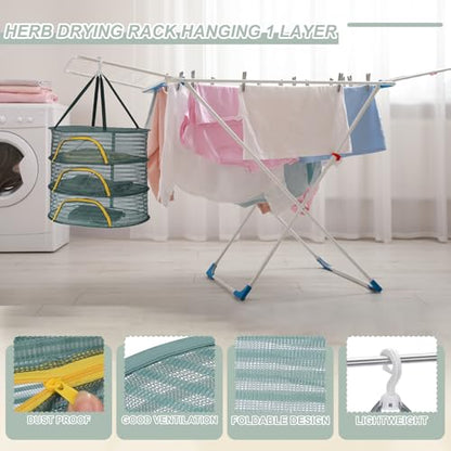 MECCANIXITY 24" Herb Drying Rack Hanging 3 Layer Hanging Mesh Net Collapsible Food Drying Fish Net with Zipper for Fish Buds Fruit Dehydrated Goods Vegetables Clothes, Green
