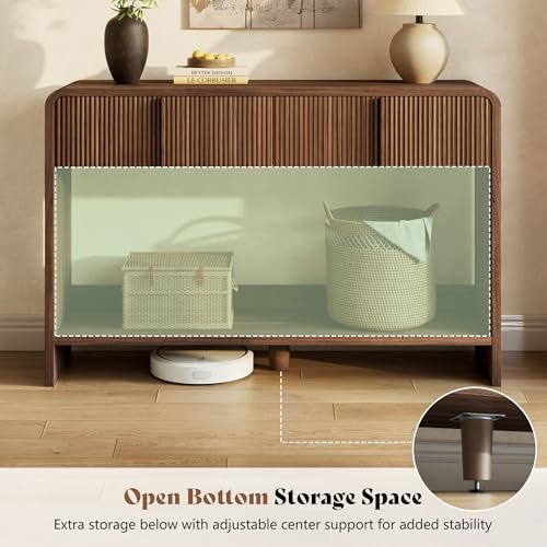 AMERLIFE 55" Fluted Entryway Console Table with 2 Drawers and Open Shelf | Modern Entryway Table with Rounded Edges, Wood Sofa Table for Hallway, Foyer, Behind Couch, Living Room, Brown - color: Brown - Fluted Panel, size: 55"
