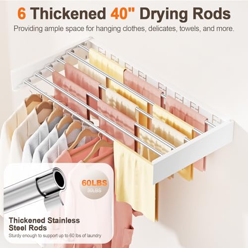 Wall Mounted Clothes Drying Rack Folding Indoor, Foldable Laundry Drying Rack Collapsible,Invisible, Space Saving, Retractable Towel Drying Rack, with Wall Template(6 Drying Rods, White 40") - color: White, size: White-40"