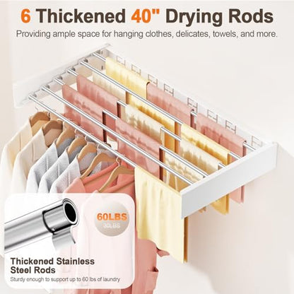 Wall Mounted Clothes Drying Rack Folding Indoor, Foldable Laundry Drying Rack Collapsible,Invisible, Space Saving, Retractable Towel Drying Rack, with Wall Template(6 Drying Rods, White 40") - color: White, size: White-40"