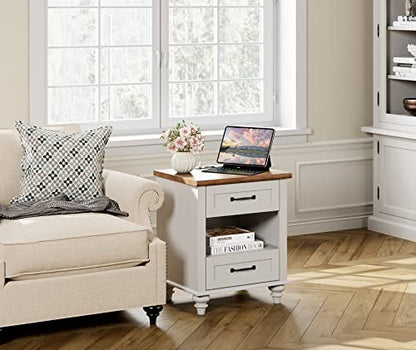 WAMPAT White Side Table with 2 Drawers & Charging Station, Mid Century Nightstand for Bedroom with Power Outlets & USB Ports, Wooden Bedside Table Night Stand with Shelf for Living Room, Antique White - color: Off White