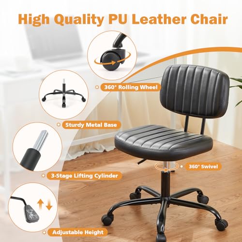 Sweetcrispy Small Office Desk Chair, Armless PU Leather with Comfy Lumbar Support, Height Adjustable Rolling Swivel Task for No Arms, for Adult, Student, Bedroom, Home, Vanity, Black - color: Dark Black