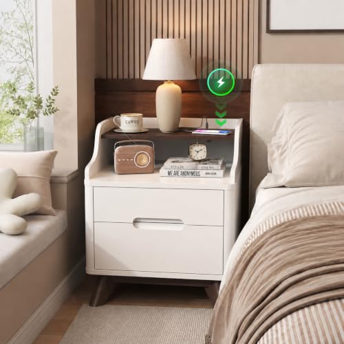 21" Nightstand with Charging Station, Wood Bedside Table w/2 Drawers, White | Large Mid Century End Table with Hidden Handle, Open Storage Shelf, Wood End Table Side Bedside Table for Bedroom, Dorm - color: White, size: Wide (2 drawer)