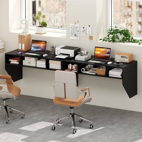 Giantex Wall-Mounted Computer Desk, Floating Laptop Desk with 3 Storage Compartments, Space-Saving Home Office Workstation Vanity Table for Bedroom, Study, Living Room (Black) - color: Black