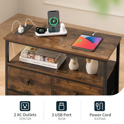 Yoobure Night Stand with Charge Station, Nightstand with 4 Drawers Bedside Table, LED Dresser with Storage Shelf, Night Stands for Bedroom, Side Table 3-Tier Wood End Table for Home Rustic Brown - color: Rustic Brown