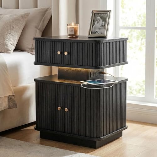 Black Nightstand with Charging Station and LED Light, Fluted Bedside Table with 1 Drawer and Storage Cabinet, Modern Ribbed End Table with USB Ports & Outlets for Bedroom, Living Room - color: Black