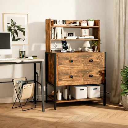39 Inch Tall Nightstand with 2 Drawers & Charging Station, Brown | 4-tier Open Shelves, P2 Particle Board, Steel Frame, 2 AC Outlets, 2 USB Ports, Suitable for Dorm and Apartment - color: Retro Brown