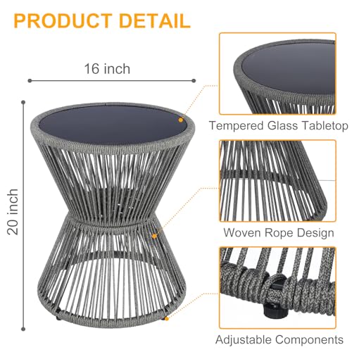 SUNNYPARK Small Outdoor Side End Table Modern Hourglass Style 20" H | Tempered Glass Top, Hand-Woven Rope, Easy Assembly, All Weather, Round Accent Table for Coffee Patio Balcony Poolside - color: Grey