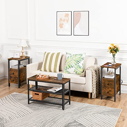 HOOBRO Set of 2 End Tables with Charging Station, Narrow Side Table with Drawers, Power Outlets, Nightstand for Small Spaces, Living Room, Stable and Sturdy, Rustic Brown and Black BF541BZP201 - color: Rustic Brown + Black