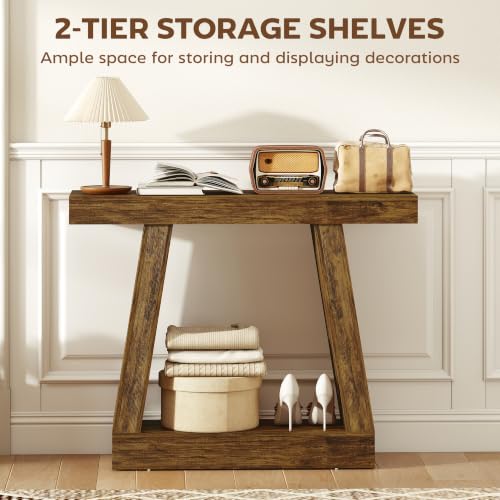 HOMCOM 41.7" Narrow Entryway Table with Thickened Tabletop, Rustic Brown | 2-Tier Farmhouse Console Table, Storage Shelf, Trapezoidal Base, Behind Couch Sofa, Living Room, Hallway, Entrance - size: 41.7" W