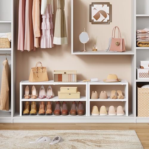 Hoctieon 2-Tier Expandable Shoe Shelf, Adjustable Shoe Shelf Storage Organizer, Stackable Iron Wood Combination Free Standing Shoe Rack for Entryway, Closet, Doorway, White - size: 1 Pack(2-Tier)