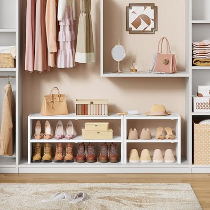 Hoctieon 2-Tier Expandable Shoe Shelf, Adjustable Shoe Shelf Storage Organizer, Stackable Iron Wood Combination Free Standing Shoe Rack for Entryway, Closet, Doorway, White - size: 1 Pack(2-Tier)