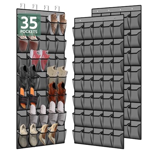 PAULONE 35 Pocket Over the Door Shoe Organizer,Reusable Breathable Large Mesh Bag Men's & Women's Sneaker Organizer,Shoe Organizer for Kids,Hanging Shoe Storage Hanging Bag (2PCS-Gray) - color: 2PCS-Gray