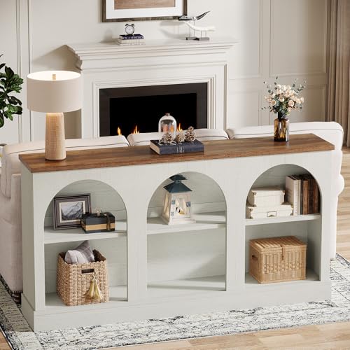 Tribesigns Farmhouse Console Table, 63-Inch Long Entryway Table with 3 Tier Storage, Wooden Rectangular Sofa Table Behind The Couch for Entrance, Hallway, Living Room, Off-White and Brown - color: Off-white and Brown