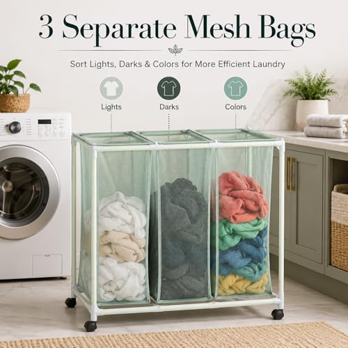 3-Bag Mesh Rolling Laundry Sorter Cart, Soft Silver, Removable Washable Bags, Easy-Roll Casters, Rust-Resistant PVC Tubing Frame w/ABS Corners, 29.5 x 19 x 30.5 in, for Dorm & Laundry Room