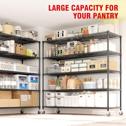 Garvee 3300LBS Storage Shelves 5 Tier Metal Shelving with Wheels, 82" H | 23.6"D,Heavy Duty, Wire Shelving Rack, Adjustable, Shelf Organizers for Garage Kitchen Pantry, Tool-Free Assembly, Black - size: 23.6"D x 59"W x 82.6"H(5-Tier)