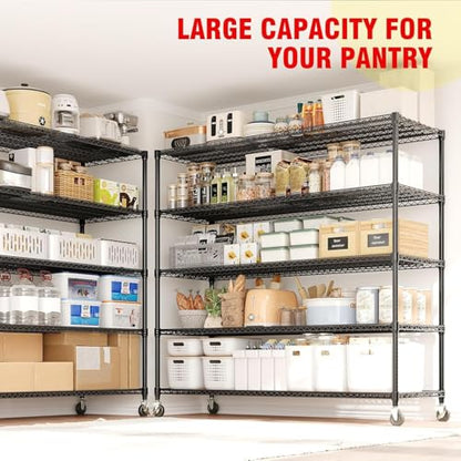 Garvee 3300LBS Storage Shelves 5 Tier Metal Shelving with Wheels, 82" H | 23.6"D,Heavy Duty, Wire Shelving Rack, Adjustable, Shelf Organizers for Garage Kitchen Pantry, Tool-Free Assembly, Black - size: 23.6"D x 59"W x 82.6"H(5-Tier)