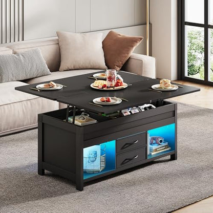 WLIVE 40" Lift Top Coffee Table, 4 in 1 Coffee Tables with Storage, 2 Fabric Drawers, LED Light and USB, Modern Coffee Table with Hidden Compartment for Living Room, Dining Room, Black - color: Black