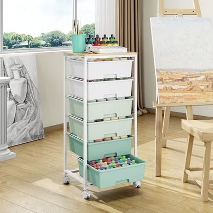 Rolling Storage Cart with 6 Drawers and Wooden Tabletop, Lockable Wheels Utility Cart for Art Studios, Office Supplies & Craft Room Organization (Green) - color: Green