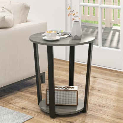 Giantex Round End Table, 2-Tier Side Sofa Table with Open Storage Shelf and Metal Frame, Industrial Nightstand Bedside Table for Living Room, Bedroom, Small Space, Accent Furniture (2, Oak) - color: Oak