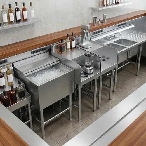 Commercial Underbar Blender Station 18.5 in. x 12 in. x 30 in. Stainless Steel Flat Top with Side Splashes NSF, Bar Prep Station with Grommet Hole for Blender Cords - size: 18 in. x 12 in.