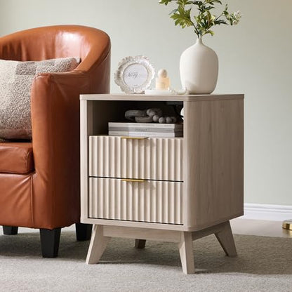 T4TREAM Fluted Nightstand with Charging Station, 18" Modern Side Table with 2 Drawers, End Table w/Storage, Bedside for Bedroom, Living Room, Curved Profile Design, White Alder - color: White Alder