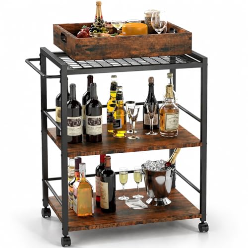 3 Tier Kitchen Cart, Rolling Bar Cart, Rustic Brown&Black | SKANDIQUIP 3 Tier Rolling Bar Cart, Mobile Kitchen Serving Cart for Tea, Coffee & Liquor with Removable Tray