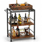 3 Tier Kitchen Cart, Rolling Bar Cart, Rustic Brown&Black | SKANDIQUIP 3 Tier Rolling Bar Cart, Mobile Kitchen Serving Cart for Tea, Coffee & Liquor with Removable Tray