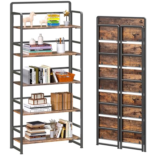 4NM No Assembly 5 Tiers Folding Bookshelf Storage Shelves Vintage Bookcase Standing Racks Study Organizer Home Office (Rustic Brown Black) - color: Rustic Brown Black, size: Standard 5 Tiers