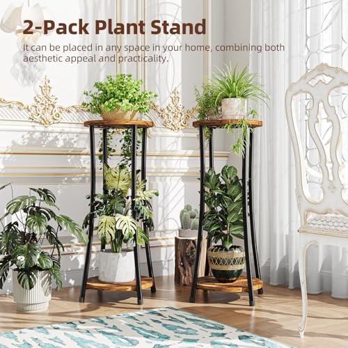 Ekisemio 2-Pack Plant Stand Indoor Outdoor, 2-Tier Round Flower Pot Holder with Rustic Brown Finish, Corner Plant Shelf for Balcony, Garden, Patio or Living Room