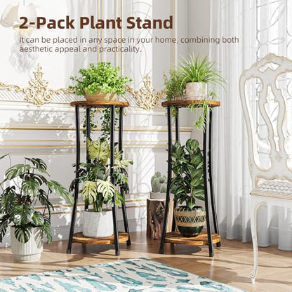 Ekisemio 2-Pack Plant Stand Indoor Outdoor, 2-Tier Round Flower Pot Holder with Rustic Brown Finish, Corner Plant Shelf for Balcony, Garden, Patio or Living Room