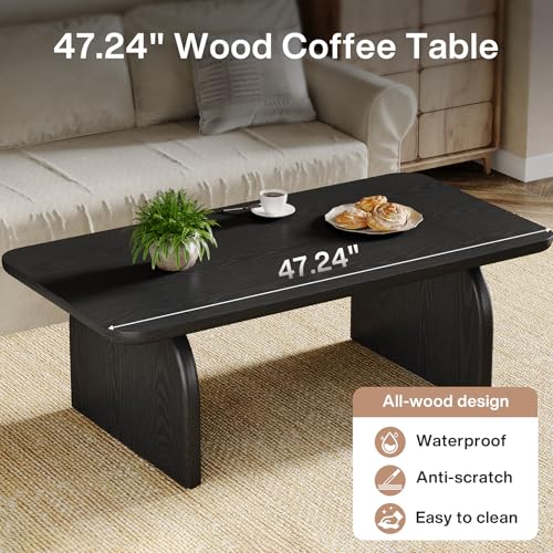 Tribesigns Rectangle Coffee Table, 47-Inch Wood Rectangular Living Room Table, Farmhouse Accent Center Low Cocktail Tea Table with Sturdy Base & Rounded Corners, Easy Assembly (Black) - color: Black