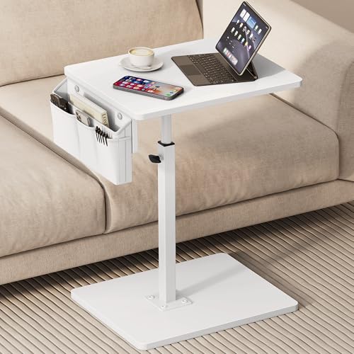 Sofa Armrest Tray Table for Couch, 360° Swivel Height Adjustable TV Tray Table for Small Spaces, Snack Side Table for Couch, Bed, Chair, C Shaped End Side Table for Eating, Reading, Laptop - color: White, style: With Storage Bag