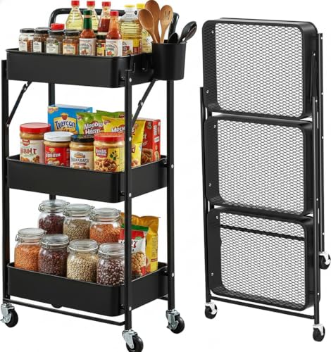 Foldable Rolling Cart 3-Tier Small Foldable Utility Storage Cart Multifunctional Metal Storage Bin Heavy Duty Organizer Carts with Rolling Wheels for Home Office (Black) - color: Black