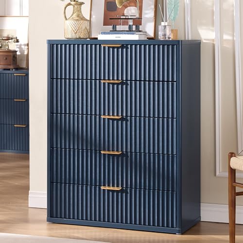 LEYAOYAO Fluted 5 Drawers Dresser for Bedroom, 41" Tall Modern Chest of Drawers with Metal Handle, Curved Profile Farmhouse Closet Organizer Wood Dressers TV Stand for Living Room, Hallway, Navy Blue - color: Navy Blue, size: 15.4"D x 31.5"W x 41"H (5 Dra