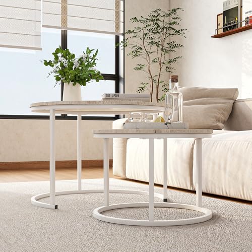 HOJINLINERO Round Coffee Table,Nesting Coffee Table Set of 2,Center Tables for Living Room,Office, Home Small Space,Stacking Side Tables,Sturdy and Easy Assembly,Wood Desktop,Oak+White,Large - color: Wh-oak, size: Large
