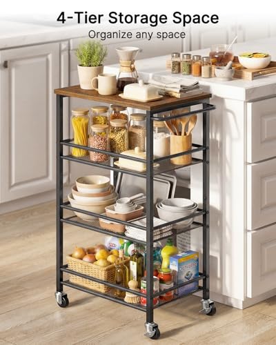 Pipishell Metal 4 Tier Laundry Storage Cart with Wheels, Handle & Wood Top | 10.83" Wide, Larger Storage Spaces, Rust-Resistant Steel, Ventilated Mesh, Anti-Fall Crossbars, 44 lbs Weight Capacity - size: 10.8 in