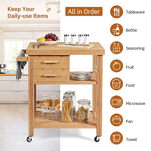 Bamboo Kitchen Island on Wheels, Lockable Rolling Kitchen Cart with 2 Storage Drawers & Open Shelf, Wood Utility Butcher Block Island with Towel Rack