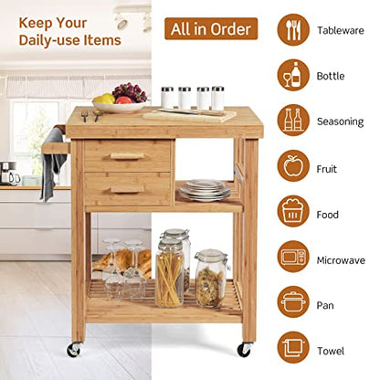 Bamboo Kitchen Island on Wheels, Lockable Rolling Kitchen Cart with 2 Storage Drawers & Open Shelf, Wood Utility Butcher Block Island with Towel Rack