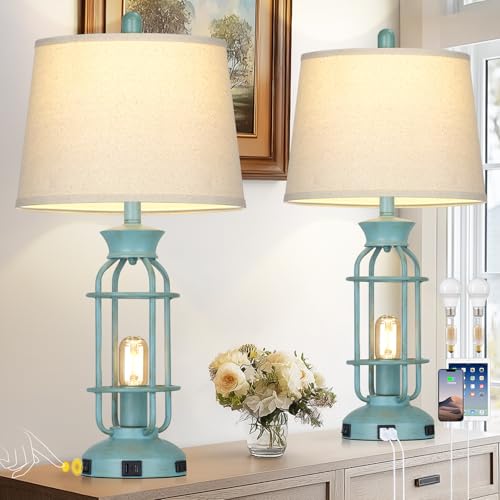 28" Tall Farmhouse Table lamps for Living Room, Vintage Industrial Table Lamp with USB C+A Ports & Outlet, Rustic Bedside Lamps with 2 Nightlight & Linen Fabric Shade for Nightstand Bedrooms Desk Blue - color: Blue