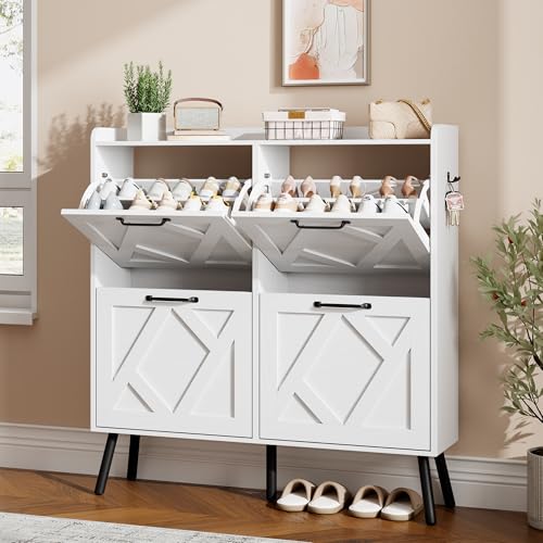 Shoe Cabinet with 4 Flip Drawers, Freestanding Shoe Organizer Cabinet with Metal Legs, Farmhouse Slim Shoe Rack Cabinet for Entryway, Foyer, Hallway, White - color: Pure White