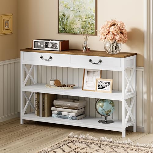 IRONCK 47.2" Farmhouse Console Table, Sofa Table with Drawer, Narrow Long Entry Table with 2 Shelf for Entryway, Living Room, Hallway, White/Walnut - size: 47.2inch