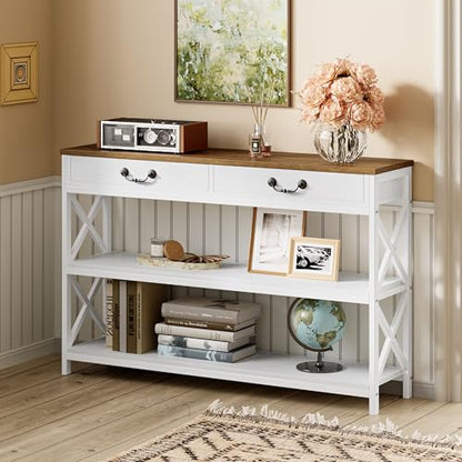 IRONCK 47.2" Farmhouse Console Table, Sofa Table with Drawer, Narrow Long Entry Table with 2 Shelf for Entryway, Living Room, Hallway, White/Walnut - size: 47.2inch
