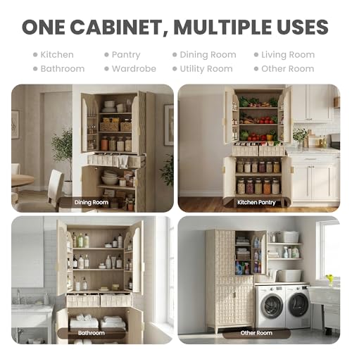 Pantry Cabinet, 71" Tall Pantry Cabinet,Modern Kitchen Cabinet with Doors, Drawers & Adjustable Shelves, Freestanding Food Pantry Cupboard with Side Rack for Kitchen Dining Room,Oak - color: Oak-new